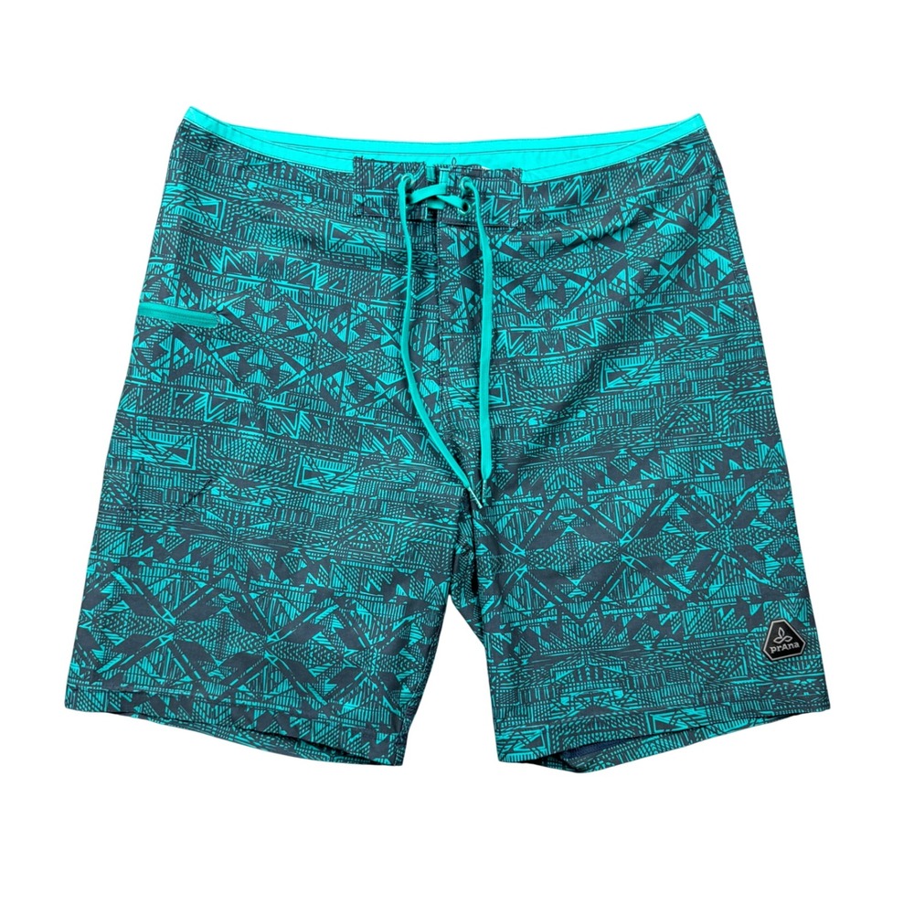 Prana Mens 34 Board Shorts Teal Geometric Tribal Print Swim Trunks Hike Camp